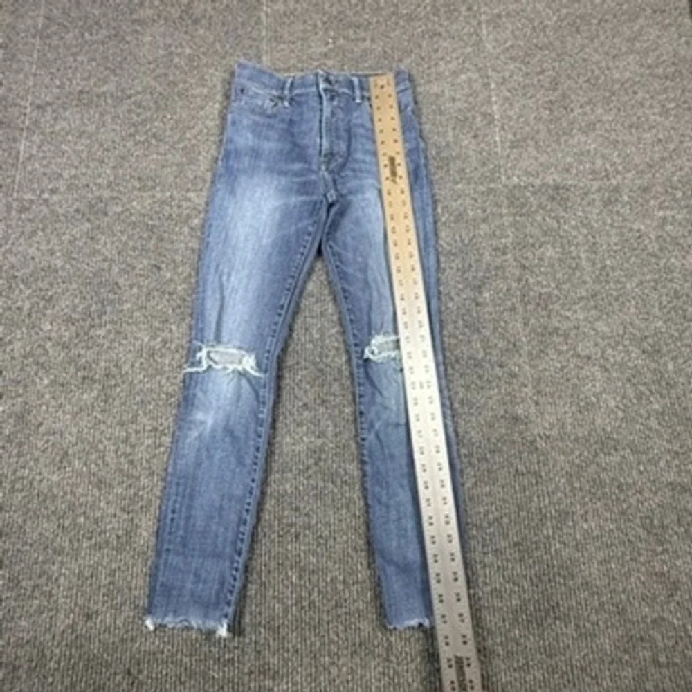 ABLE The High Rise Skinny Jeans Blue Distressed Raw Hem Women Size 26